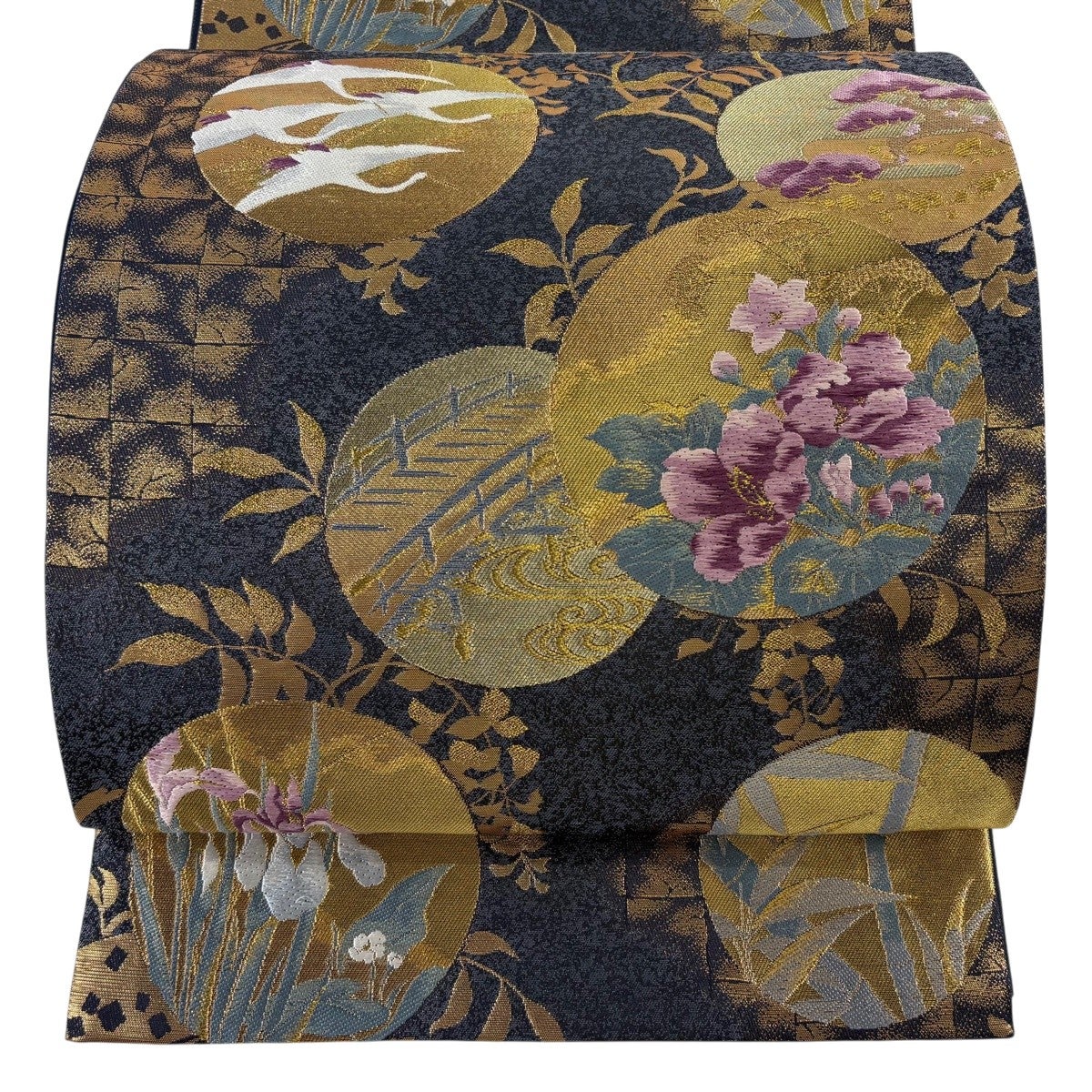 美品】 袋帯 逸品 じゅらく 落款あり じゅらく帝王紫 草花 鶴 金糸 箔