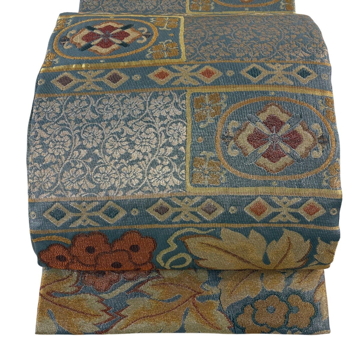 美品】 袋帯 逸品 紋屋井関 落款あり 御寮織 草花 華文 金糸 箔 灰色