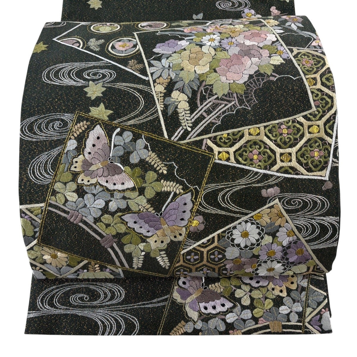 美品】 袋帯 逸品 草花 蝶 金糸 刺繍 深緑 六通 正絹｜中古・古着