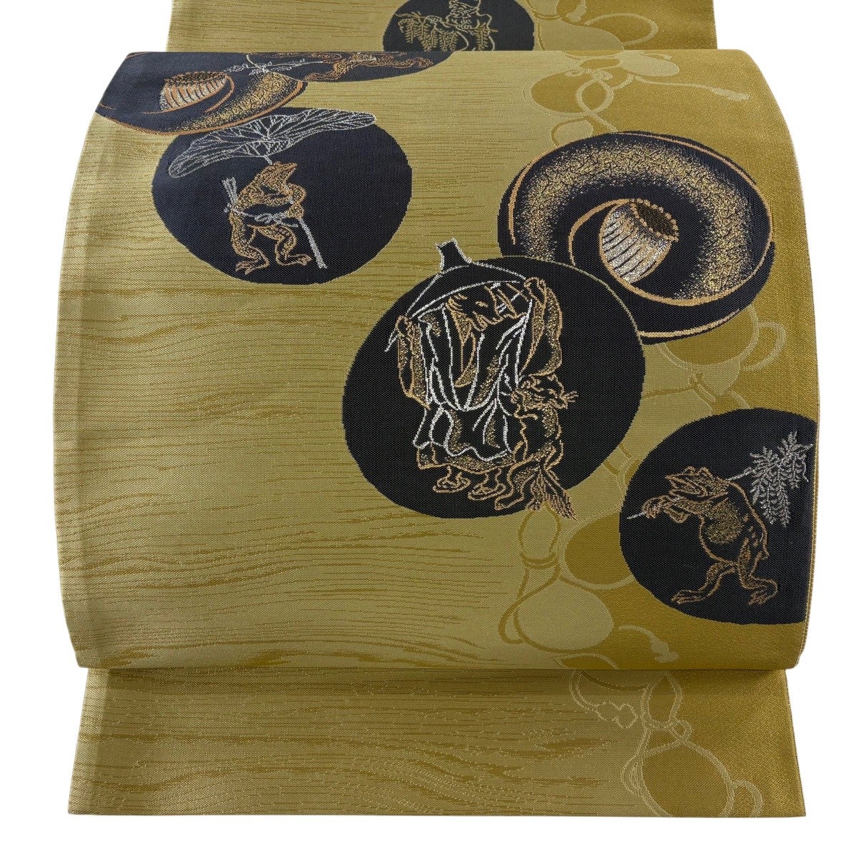 美品】 袋帯 逸品 鳥獣戯画 瓢箪 箔 薄黄土色 お太鼓柄 正絹｜中古