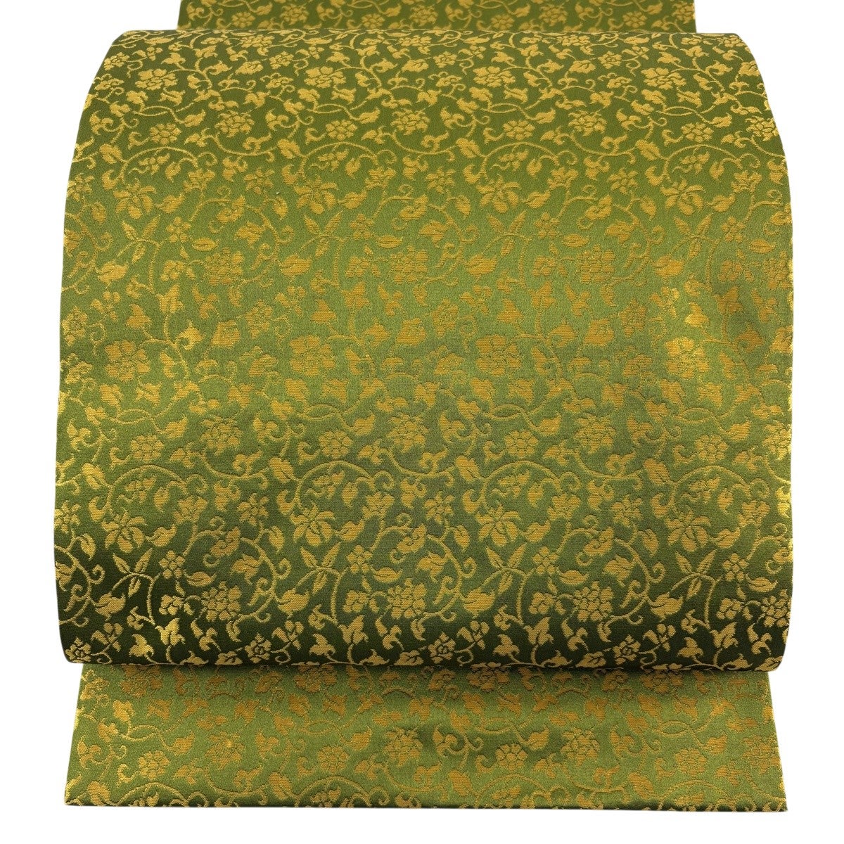 美品】 開き名古屋帯 秀品 比翼仕立て 花唐草 よもぎ色 正絹｜中古