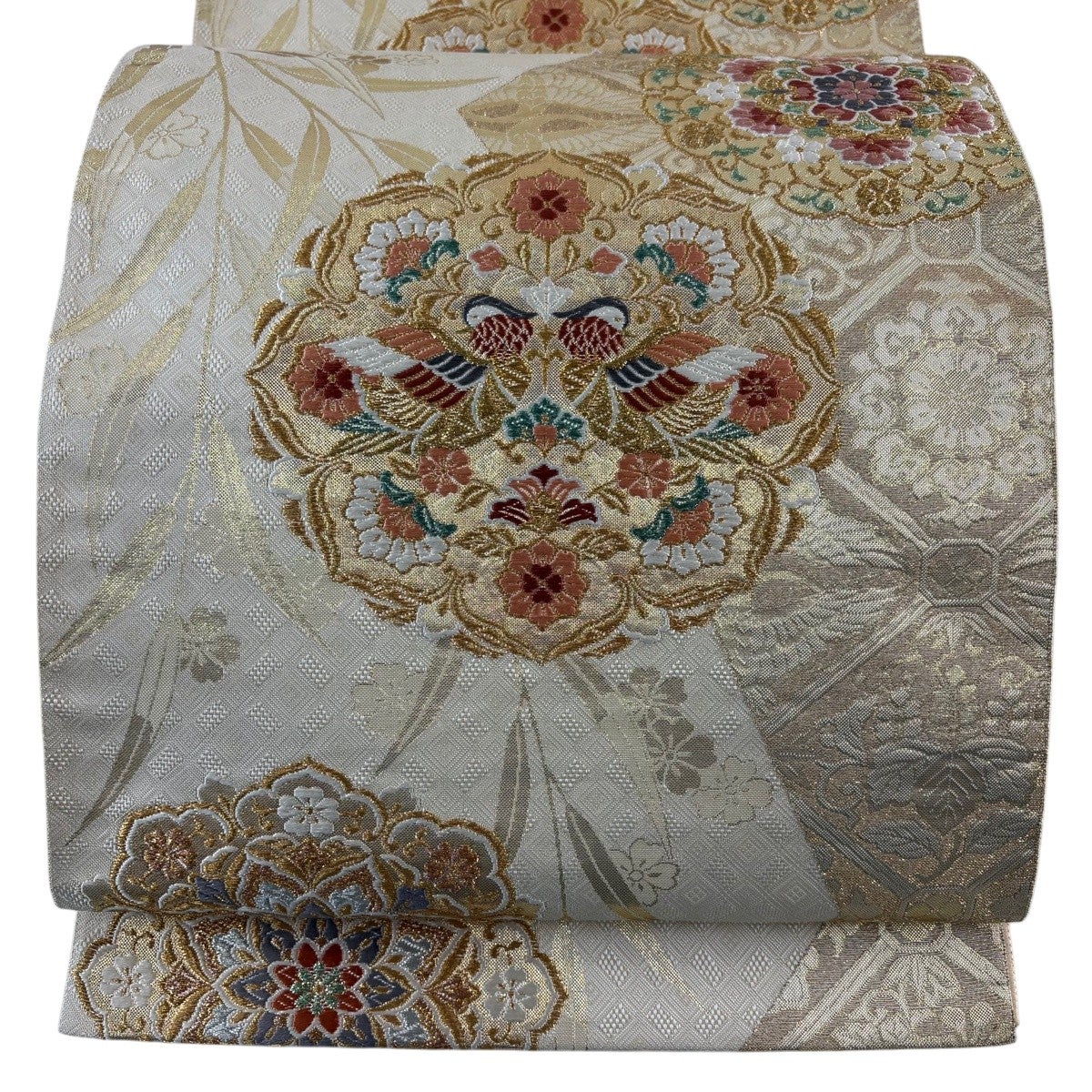 美品】 袋帯 秀品 華文 鳥 金銀糸 箔 ベージュ 六通 正絹｜中古・古着