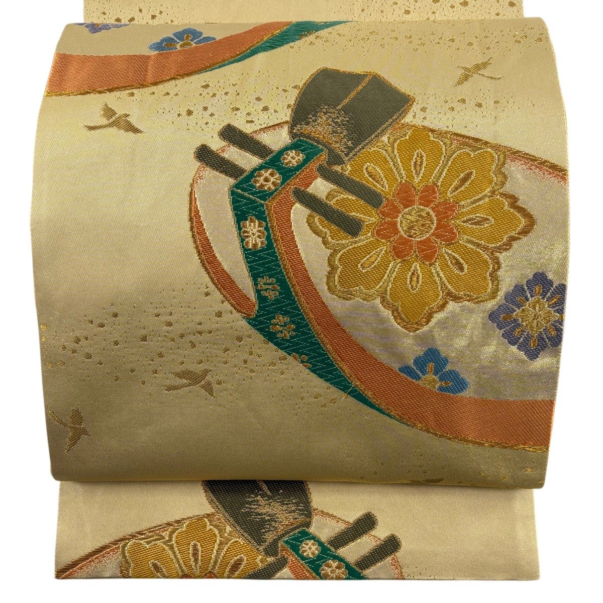 振袖 聚楽 袋帯 六通 本金箔 松桐瑞鳥文 膨れ織り 金糸 美品 秀品 袋帯 秀品 華文 鳥 金糸 箔 金色 六通 正絹｜中古・古着・リサイクル