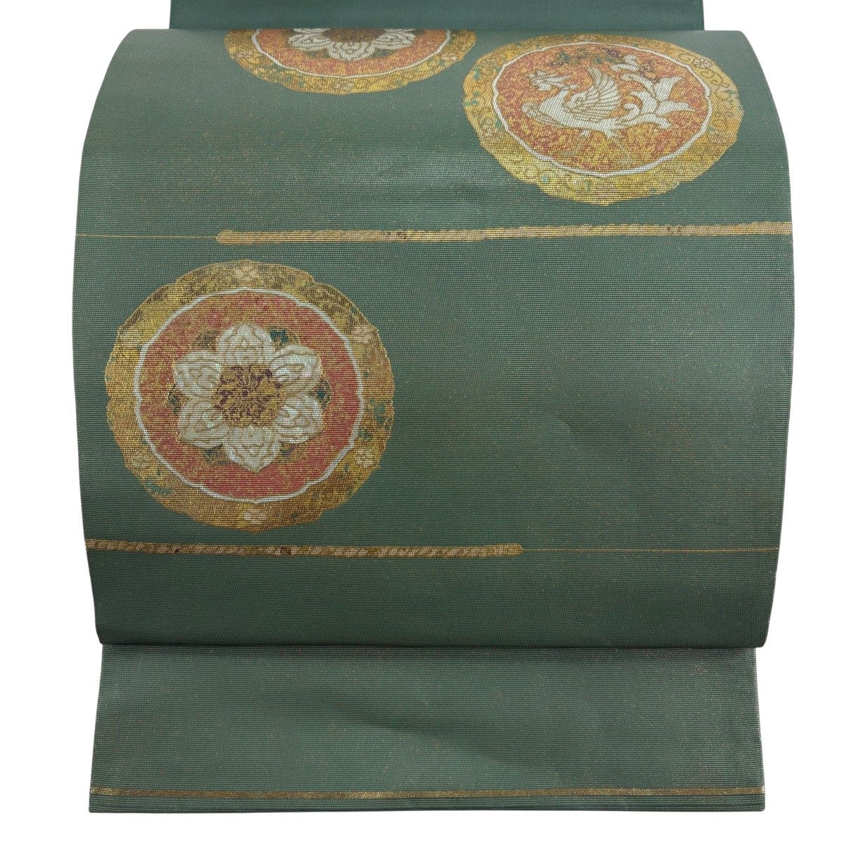 袋帯 秀品 鏡裏文 鳳凰 金彩 螺鈿箔 灰緑 お太鼓柄 正絹｜中古・古着