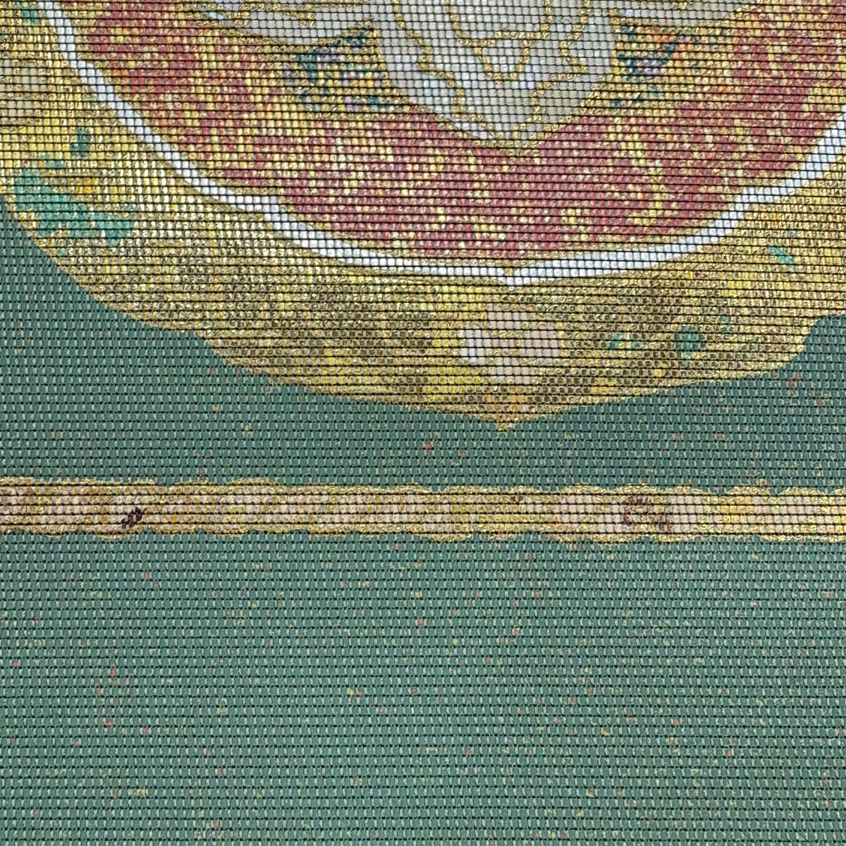 袋帯 秀品 鏡裏文 鳳凰 金彩 螺鈿箔 灰緑 お太鼓柄 正絹｜中古・古着