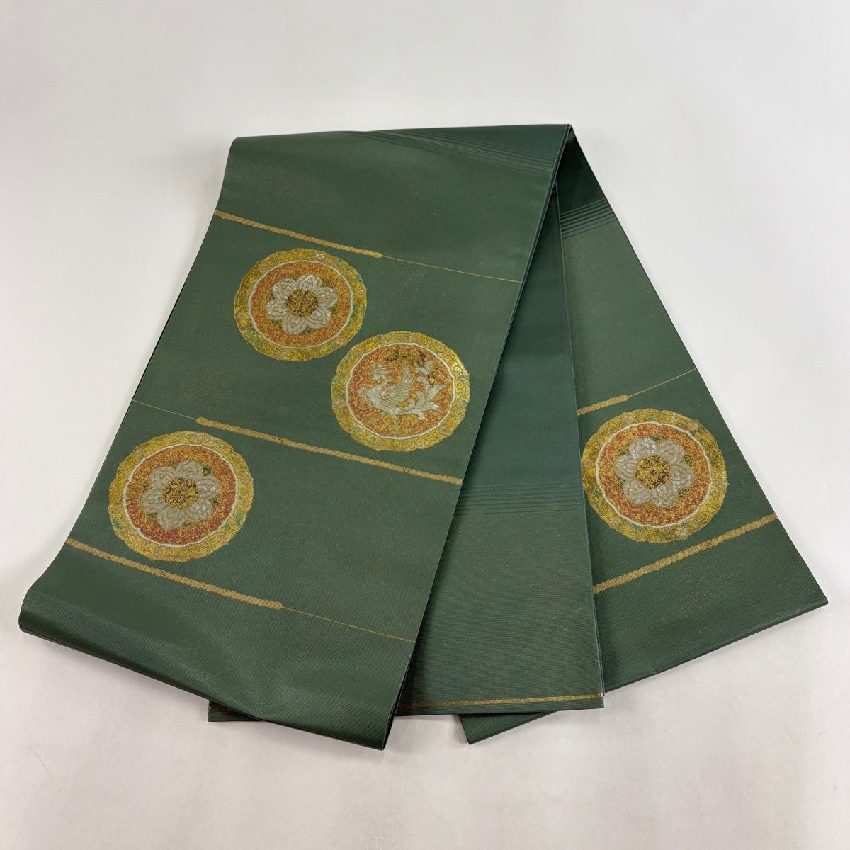 袋帯 秀品 鏡裏文 鳳凰 金彩 螺鈿箔 灰緑 お太鼓柄 正絹｜中古・古着