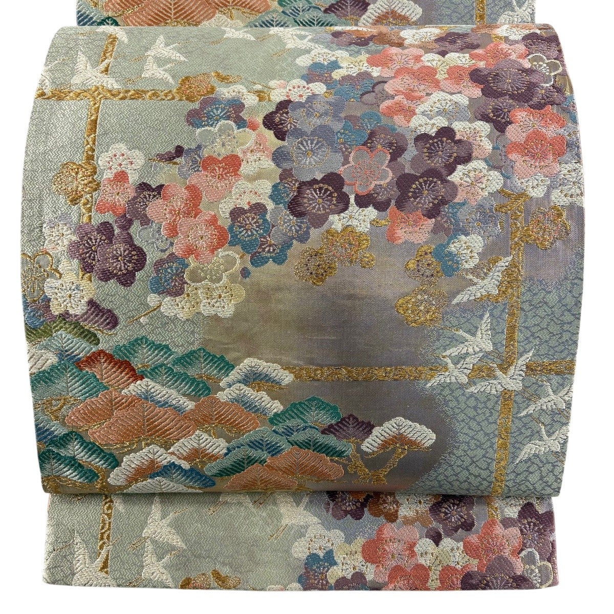 袋帯 秀品 松梅 鶴 金銀糸 箔 青灰色 六通 正絹｜中古・古着
