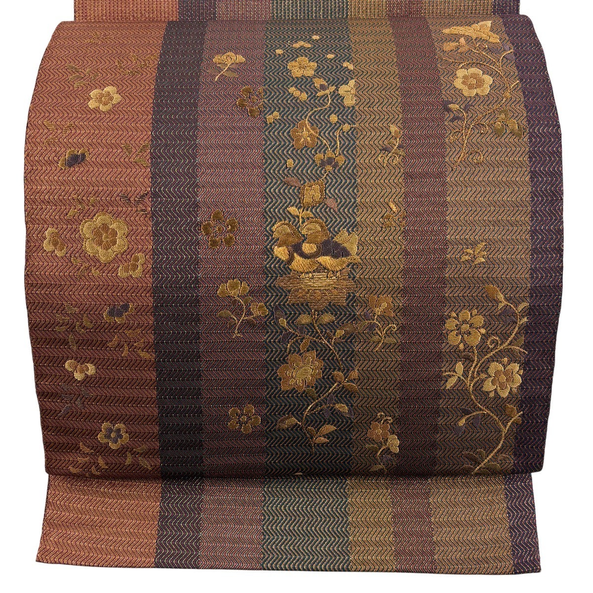 袋帯 秀品 縞 草花 刺繍 金糸 赤茶 お太鼓柄 正絹｜中古・古着