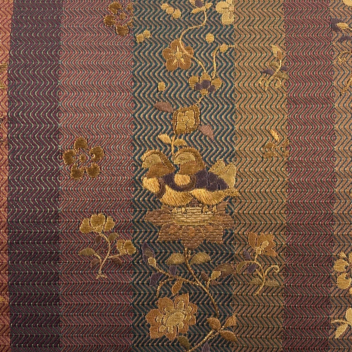袋帯 秀品 縞 草花 刺繍 金糸 赤茶 お太鼓柄 正絹｜中古・古着
