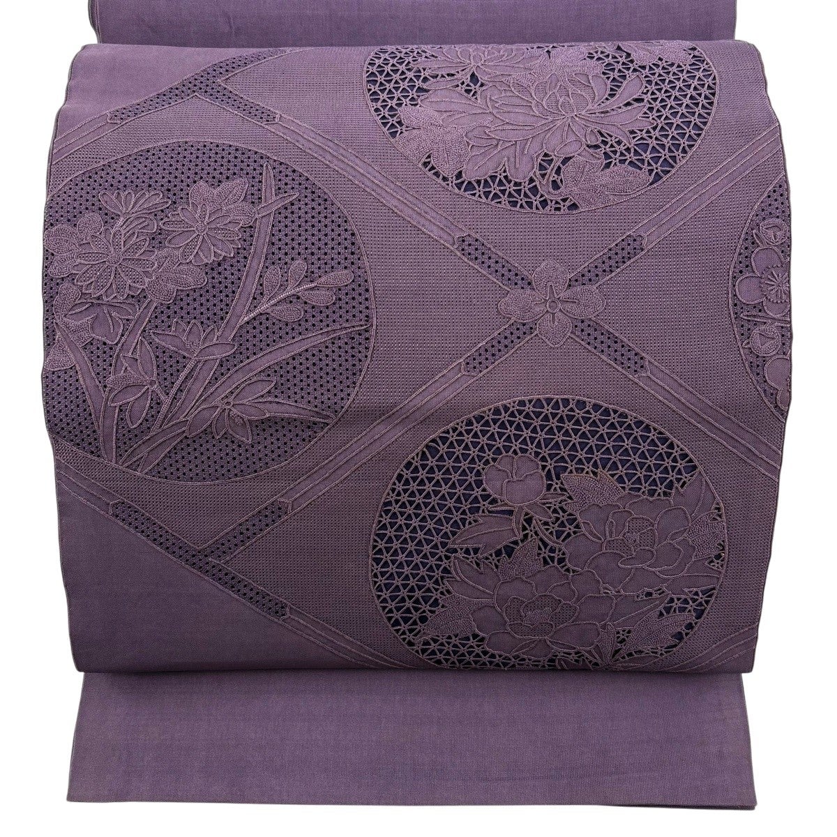 袋帯 秀品 紬地 丸文 草花 刺繍 紫 お太鼓柄 正絹｜中古・古着