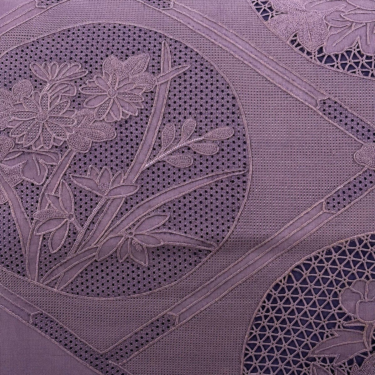 袋帯 秀品 紬地 丸文 草花 刺繍 紫 お太鼓柄 正絹｜中古・古着