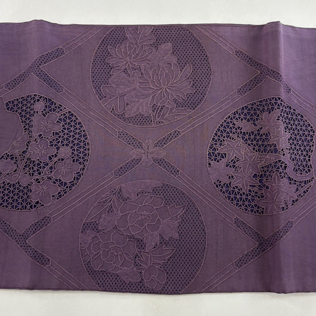 袋帯 秀品 紬地 丸文 草花 刺繍 紫 お太鼓柄 正絹｜中古・古着