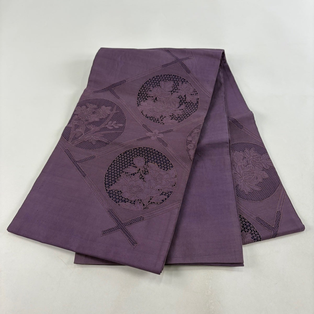 袋帯 秀品 紬地 丸文 草花 刺繍 紫 お太鼓柄 正絹｜中古・古着