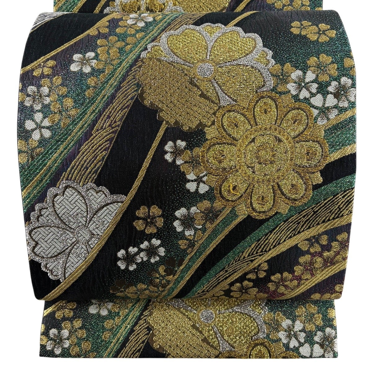 美品】 袋帯 秀品 振袖向き 桜 波 金銀糸 箔 黒 六通 正絹｜中古・古着