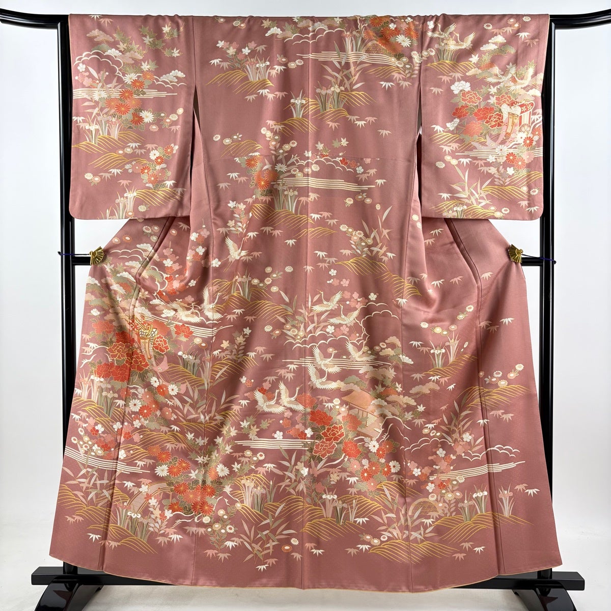 訪問着 身丈159cm 裄丈65.5cm M 袷 袋帯セット 御所車 牡丹 金糸 金彩