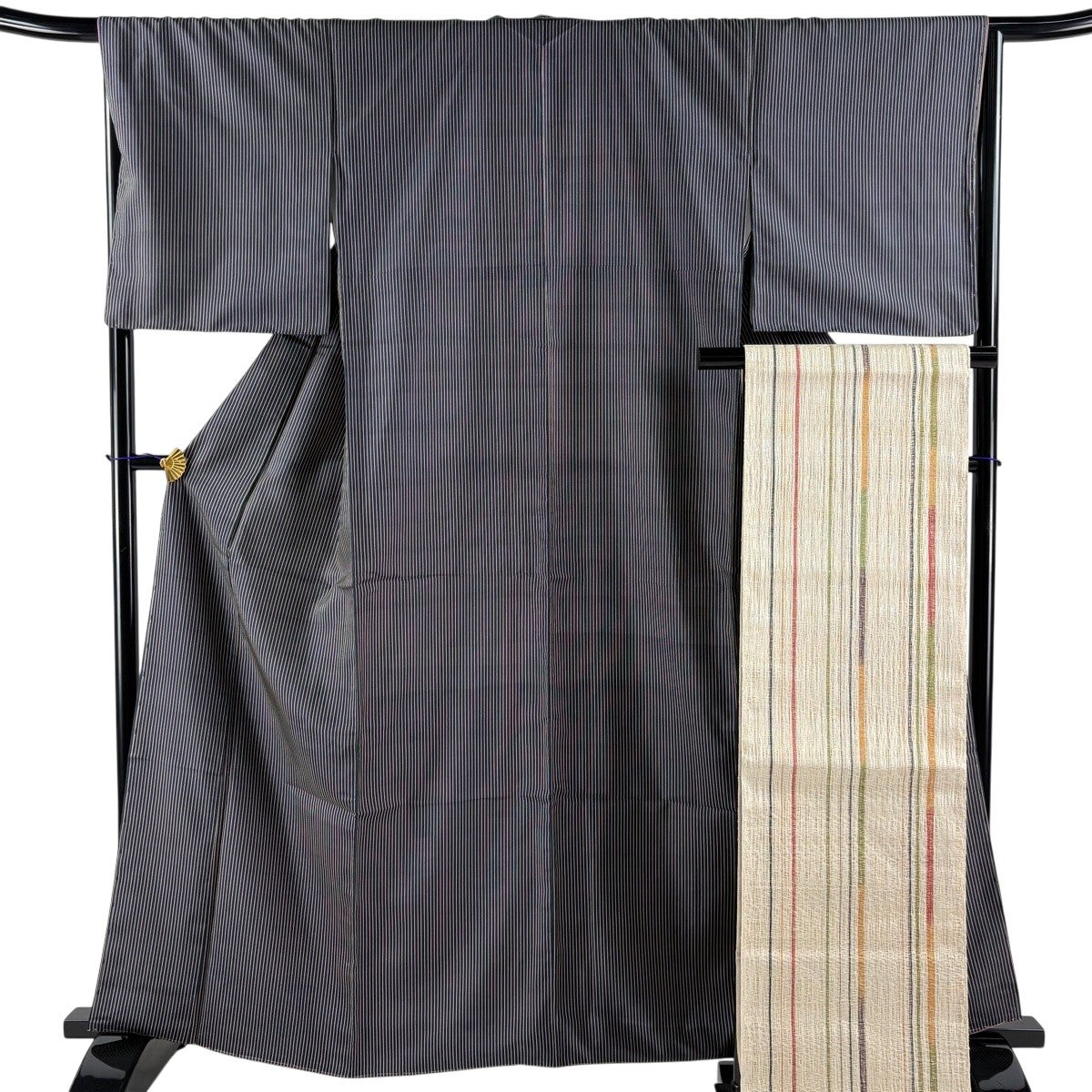 美品】 紬 身丈164.5cm 裄丈66.5cm M 袷 袋帯セット やまと 縦縞 濃紺