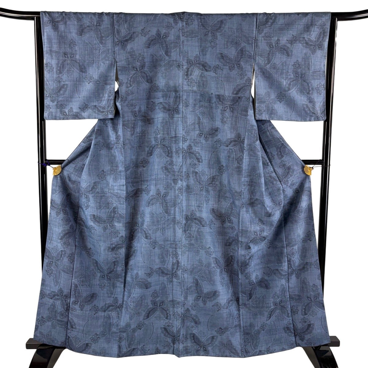 紬 身丈162cm 裄丈64cm M 袷 蝶 花 藍色 正絹 秀品｜中古・古着