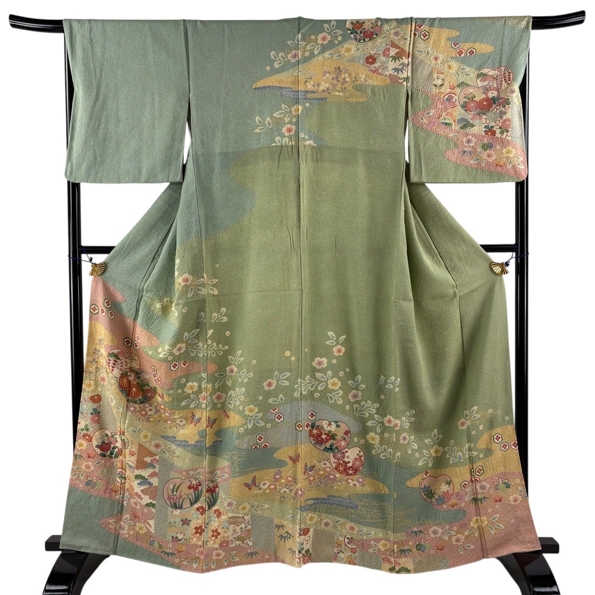 美品】 訪問着 身丈165cm 裄丈65cm M 袷 菊 金糸 金彩 薄緑 正絹 秀品
