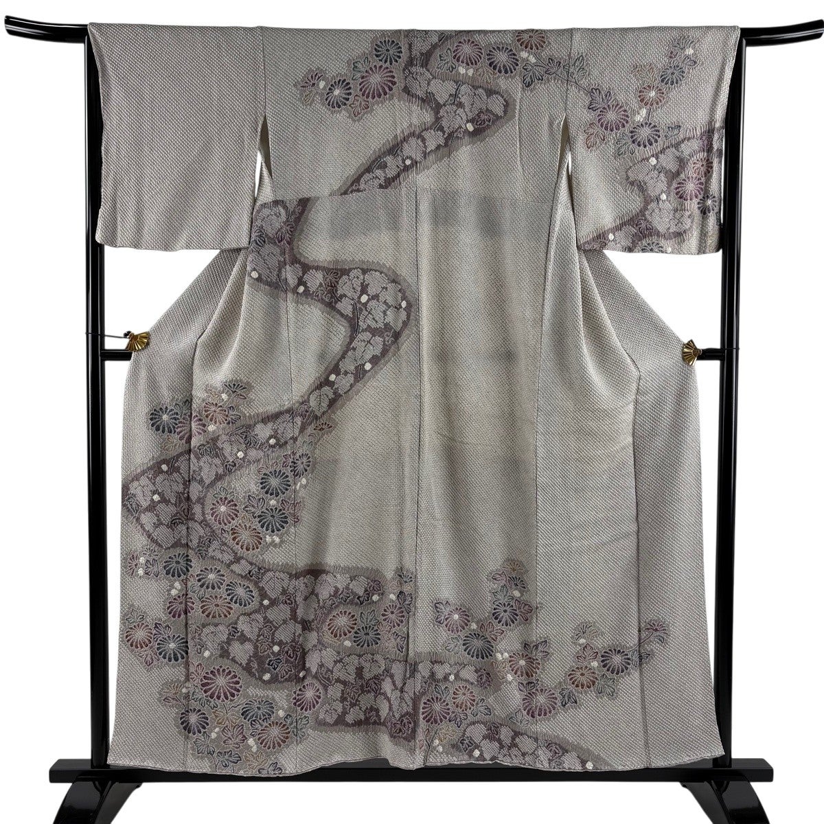 訪問着 身丈157cm 裄丈63cm 正絹 秀品 【中古】 美品】 訪問着 身丈157.5cm 裄丈65cm M 袷 流水 花 総絞り 黒 正絹 秀