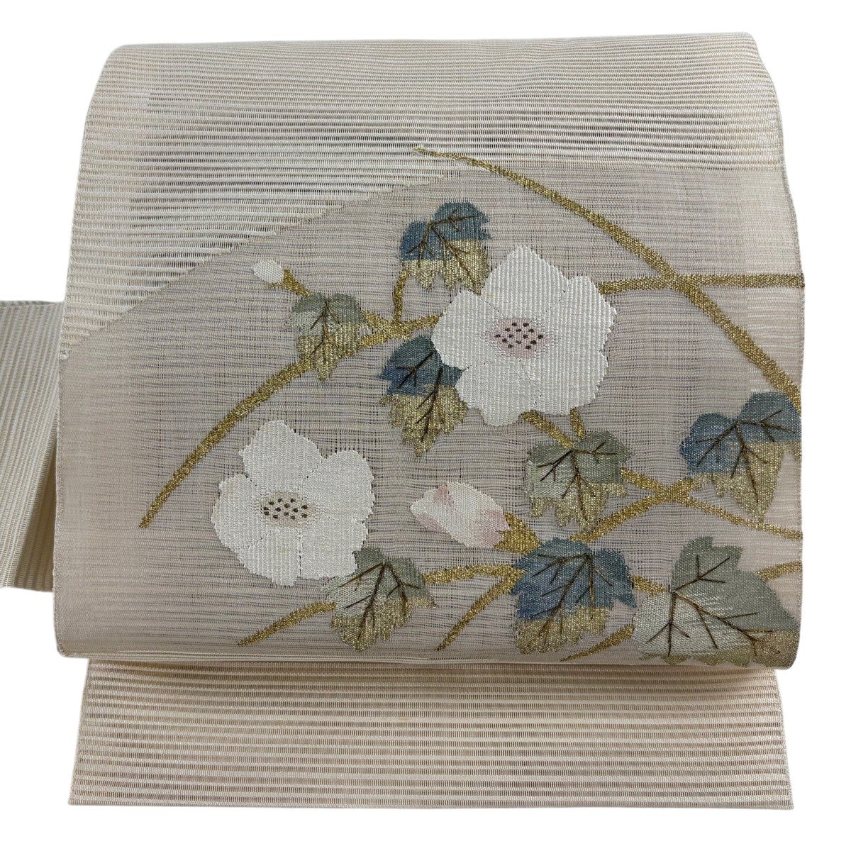 名古屋帯 秀品 夏帯 絽 八寸名古屋帯 松葉仕立て 草花 金銀糸 クリーム