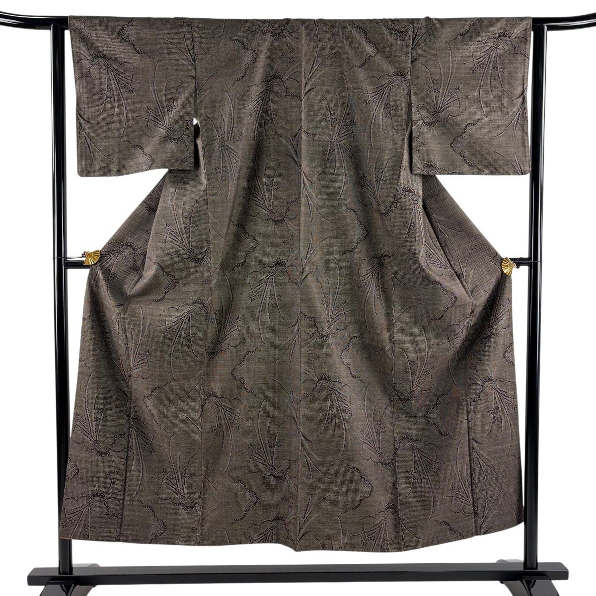 美品】 紬 身丈158.5cm 裄丈62cm S 袷 やまと 草花 亀甲絣 焦茶色 正絹