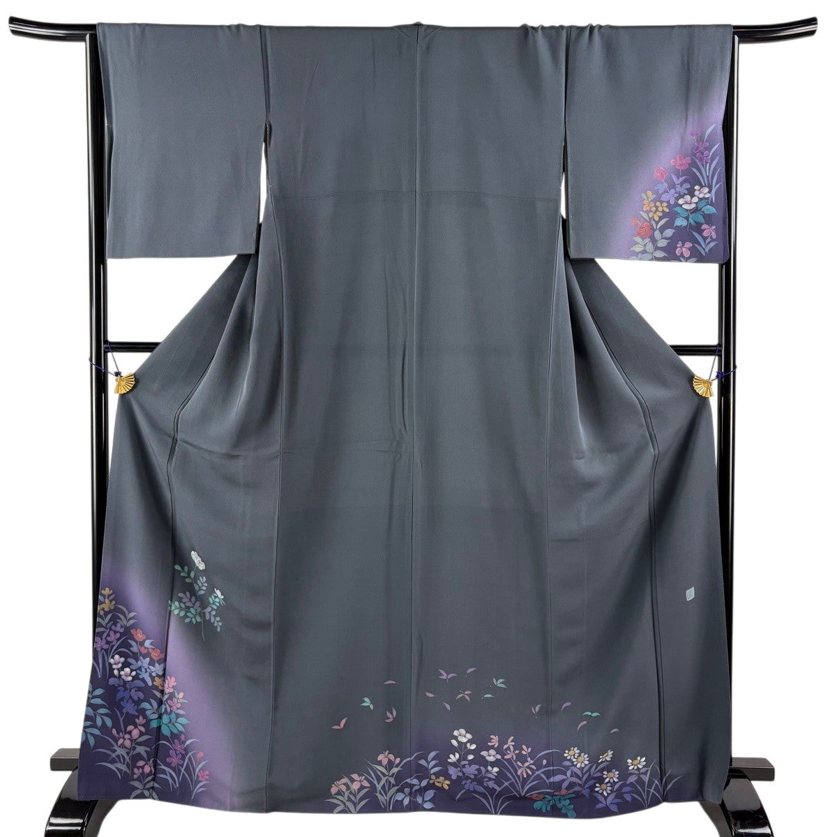 付下げ 身丈161cm 裄丈66cm M 袷 華文 草花 箔 刺繍 緑 正絹 名品