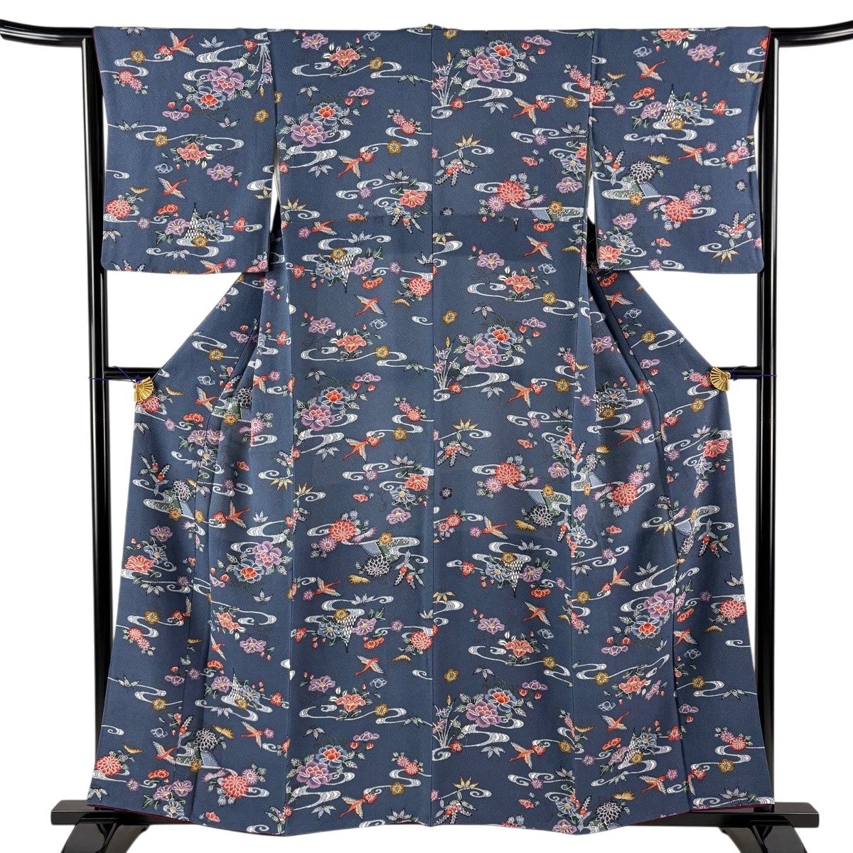 小紋 身丈158cm 裄丈64cm M 袷 扇 草花 縮緬 青灰色 正絹 秀品｜中古