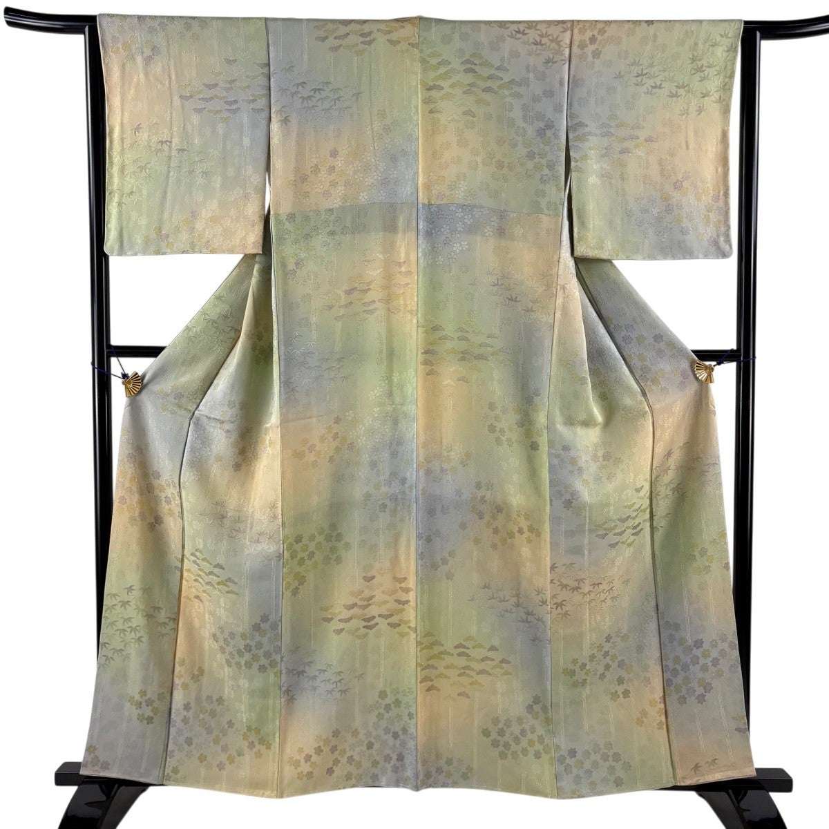 美品】 小紋 身丈161cm 裄丈67cm M 袷 桜 櫛 深緑 正絹 秀品｜中古