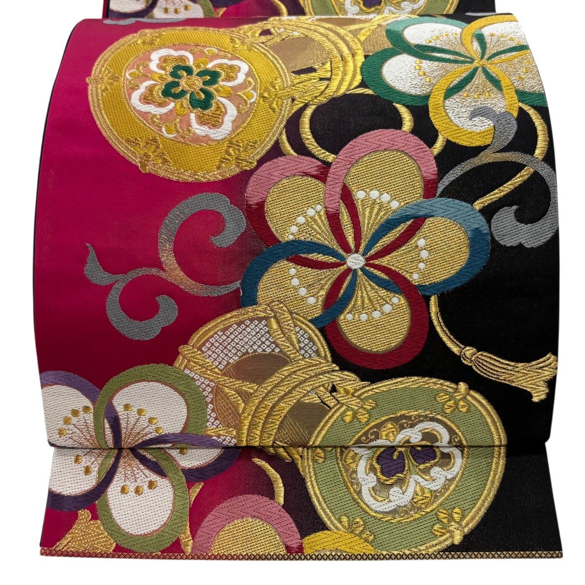 美品】 袋帯 名品 落款あり 鳥 草花 金糸 箔 灰白 六通 正絹｜中古