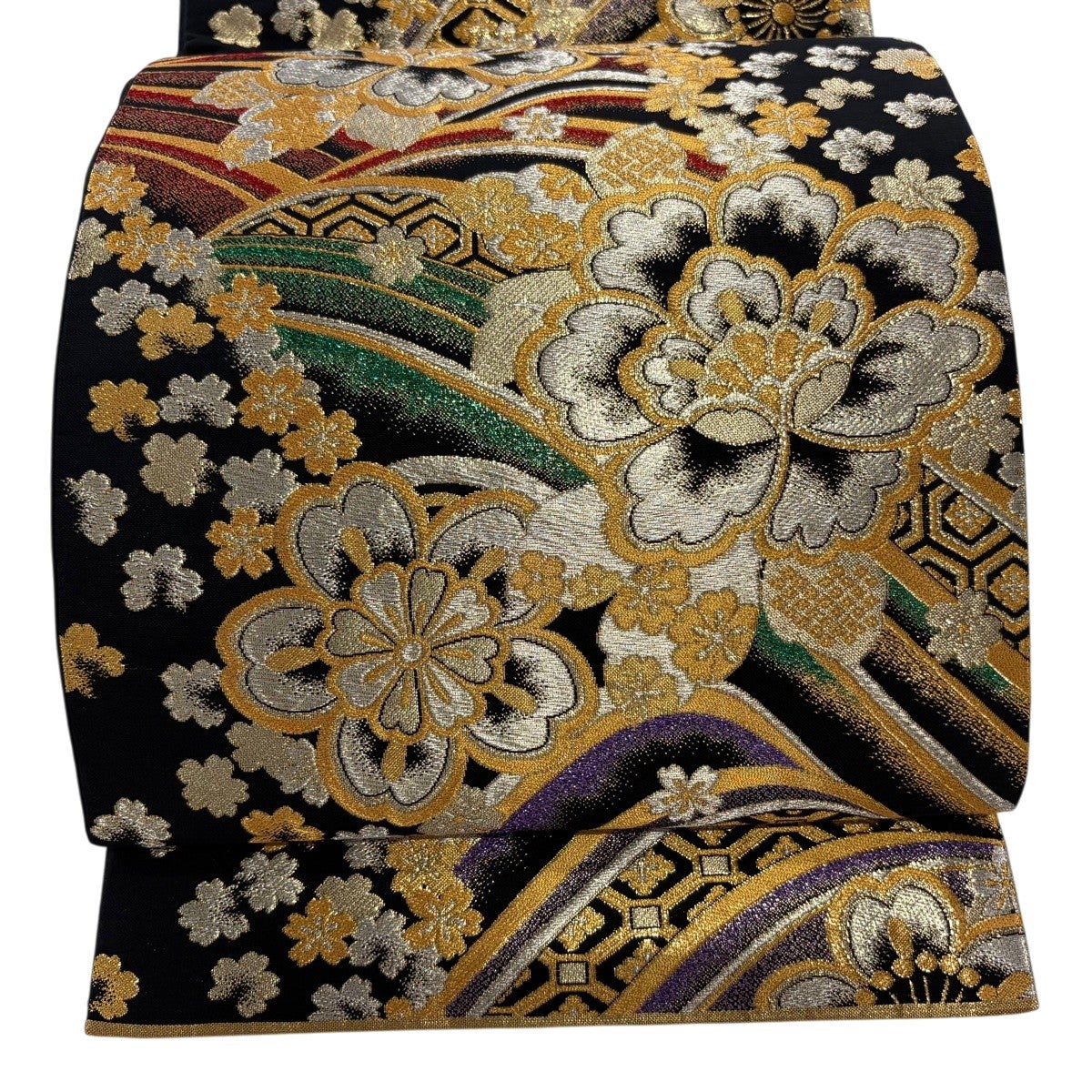 袋帯 秀品 六通 正絹 袋帯 秀品 六通 青緑 刺繍 花文