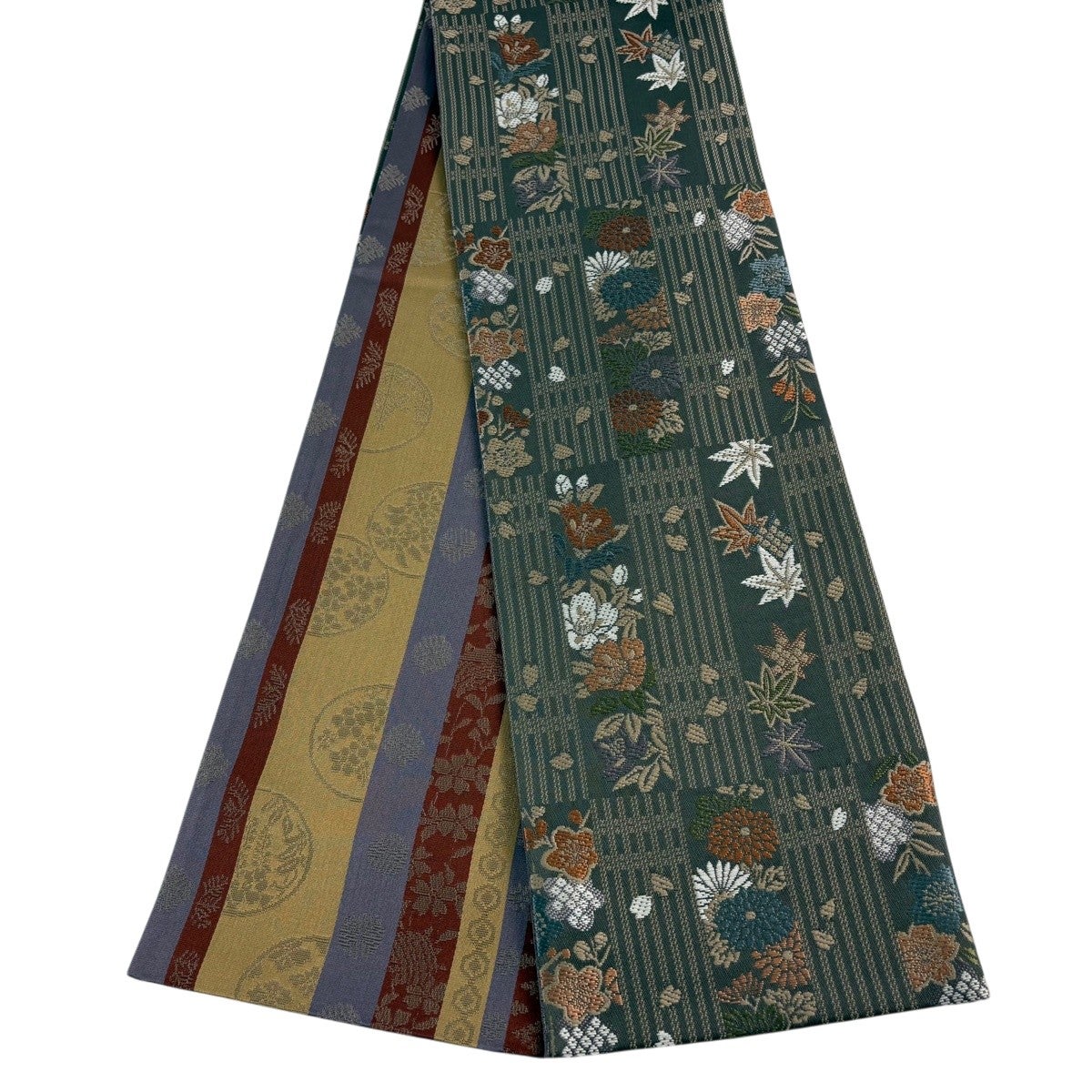 美品】半幅帯 秀品 証紙あり 本場博多織 縞 草花 灰緑 正絹｜中古