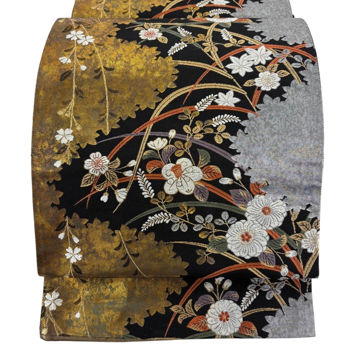 美品】 袋帯 秀品 草花 シルエット 金銀糸 箔 黒 六通 正絹｜中古