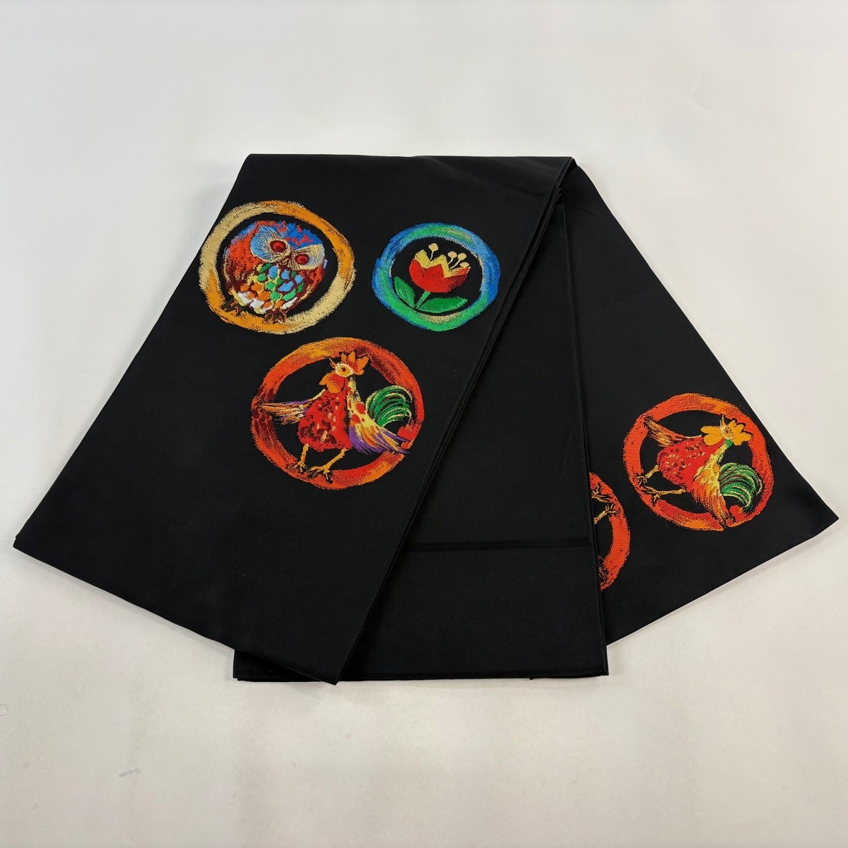 美品】 袋帯 秀品 関西仕立て ふくろう 鳥 黒 お太鼓柄 正絹｜中古