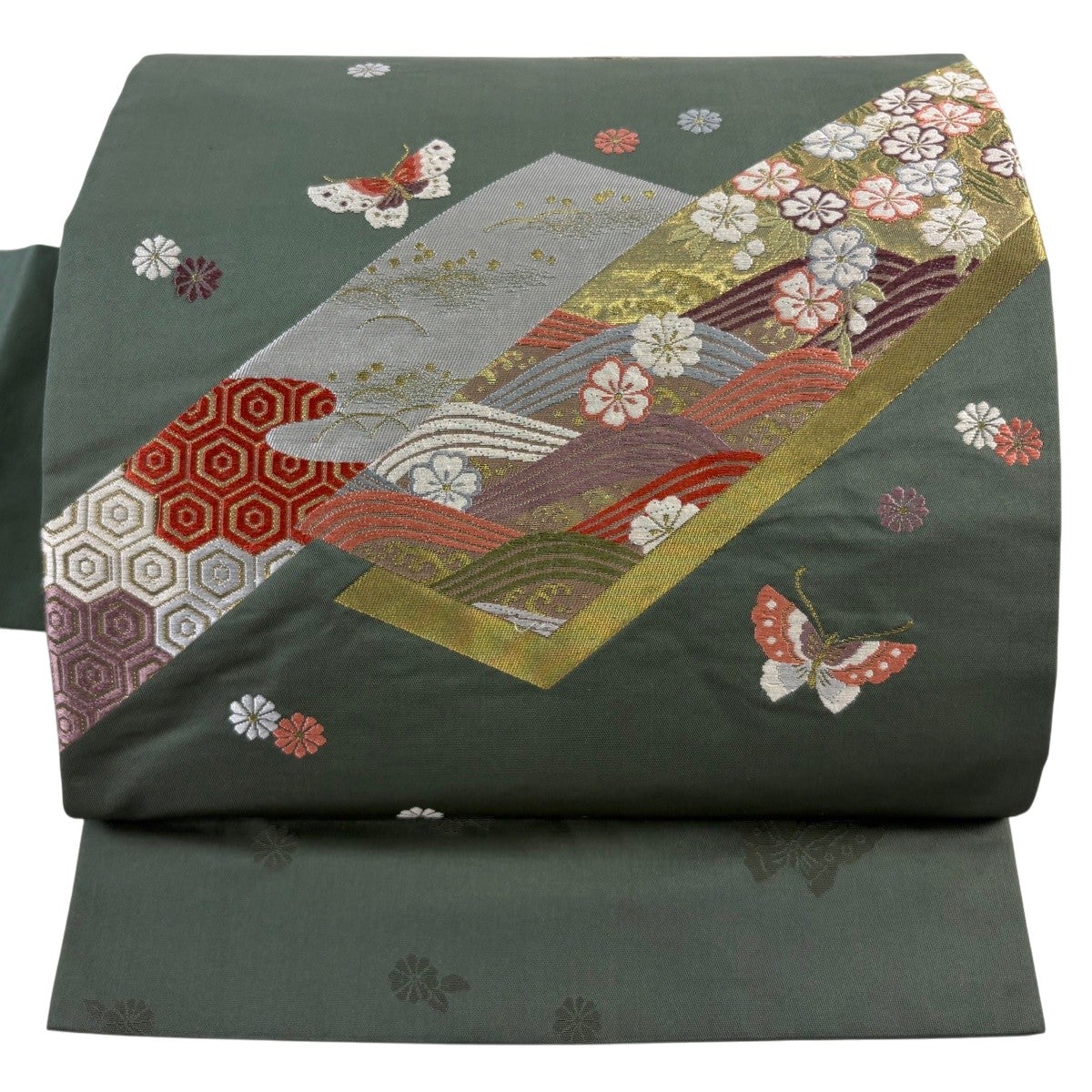 名古屋帯 秀品 桜 蝶 金糸 箔 灰緑 正絹｜中古・古着・リサイクル着物