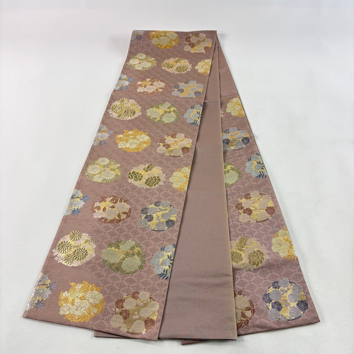 袋帯 名品 花丸文 箔 ピンクベージュ 六通 正絹｜中古・古着