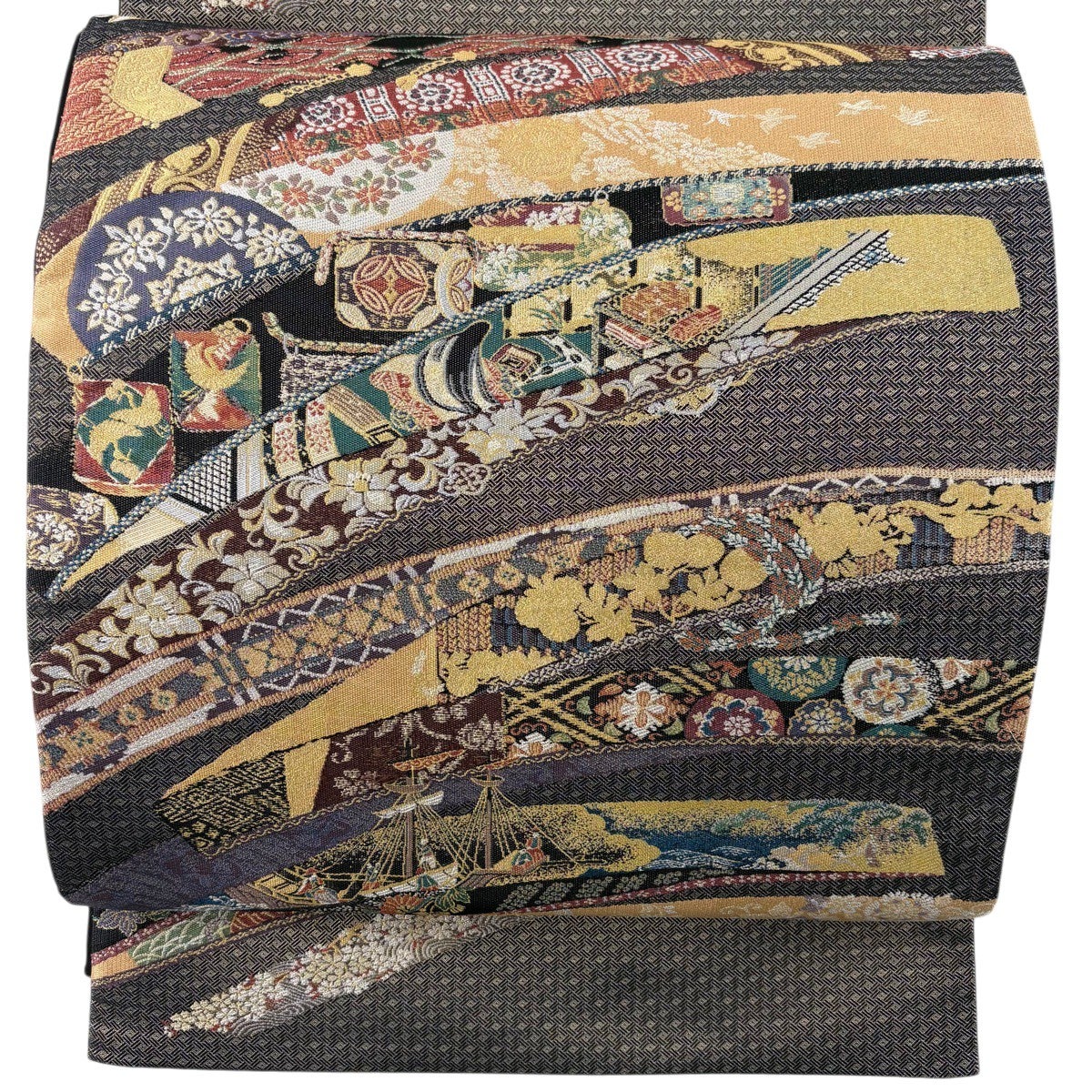 袋帯 名品 紬地 草花 七宝 箔 ベージュ お太鼓柄 正絹｜中古・古着