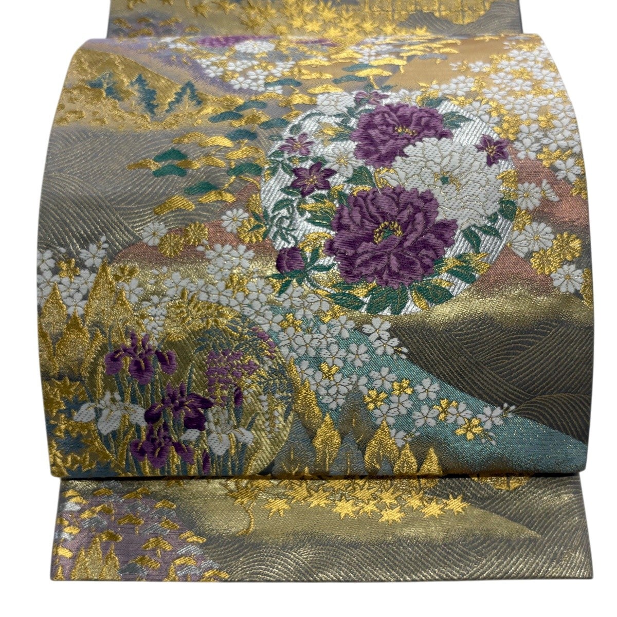 袋帯 美品 名品 落款 じゅらく 華文 花唐草 金銀糸 刺繍 黄土色 六通