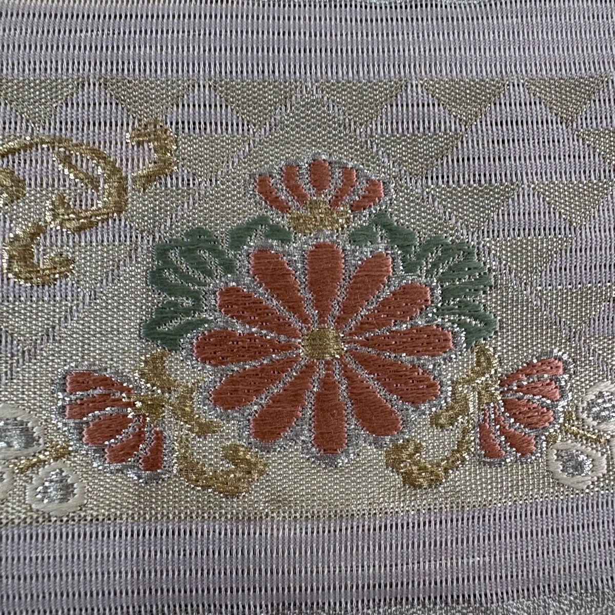 袋帯 名品 夏帯 絽 花唐草 縞 金銀糸 灰紫 六通 正絹｜中古・古着