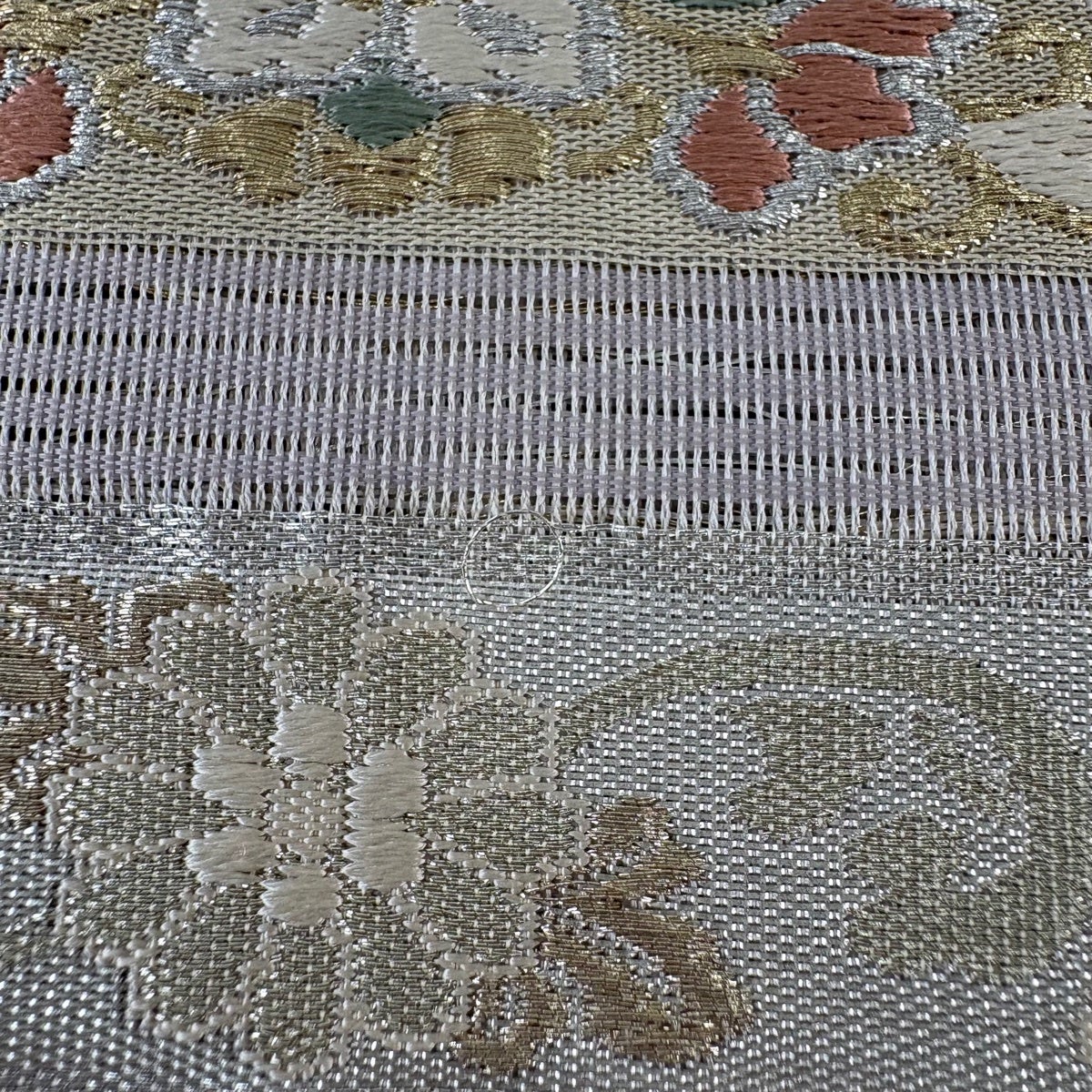 袋帯 名品 夏帯 絽 花唐草 縞 金銀糸 灰紫 六通 正絹｜中古・古着