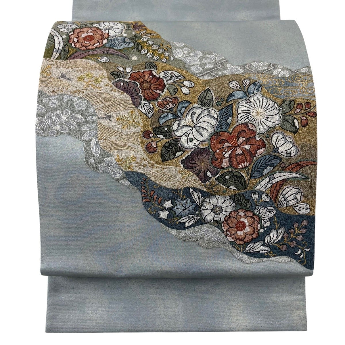 美品】 袋帯 名品 渡文 落款あり 草花 鳥 金銀糸 灰色 お太鼓柄 正絹