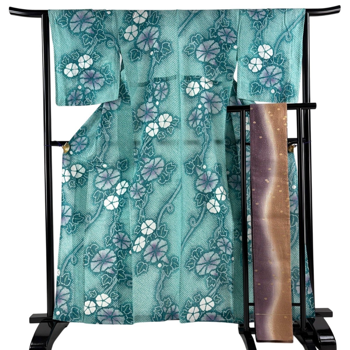 浴衣 身丈157.5cm 裄丈68.5cm L 絞り浴衣 草花 紺色 綿 名品｜中古