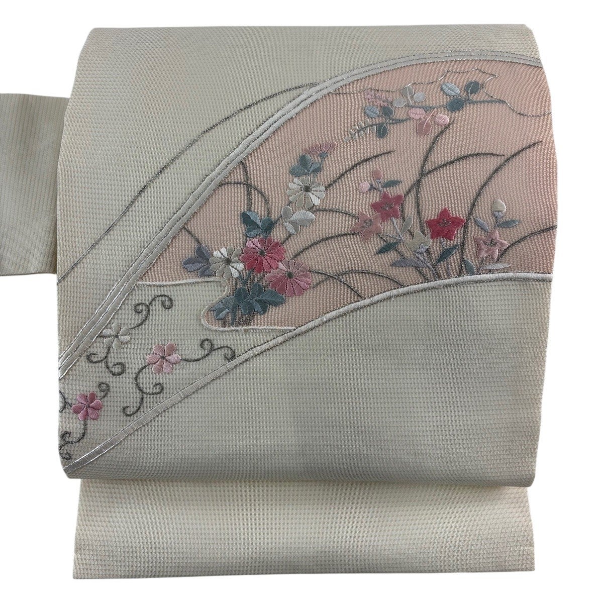 袋帯 名品 夏帯 絽 朝顔 金糸 箔 クリーム 六通 正絹｜中古・古着