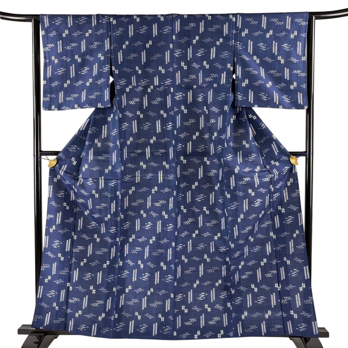 美品】 紬 身丈160cm 裄丈64cm M 単衣 燕 縦縞 紺色 正絹 名品｜中古