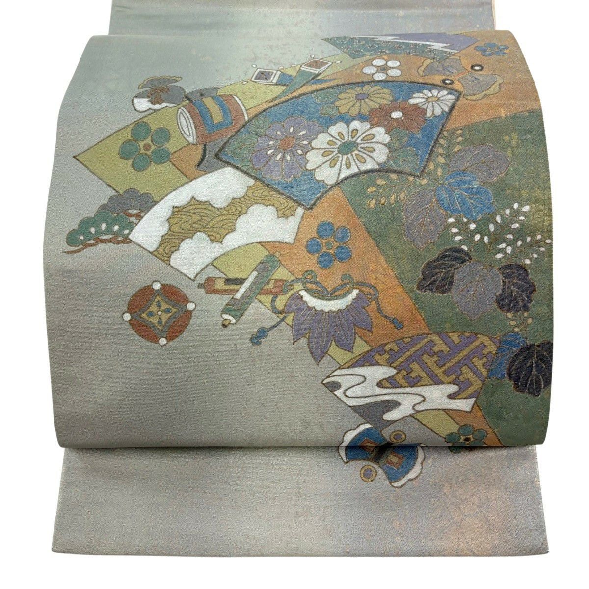 袋帯 秀品 扇面 草花 金彩 箔 金色 お太鼓柄 正絹｜中古・古着