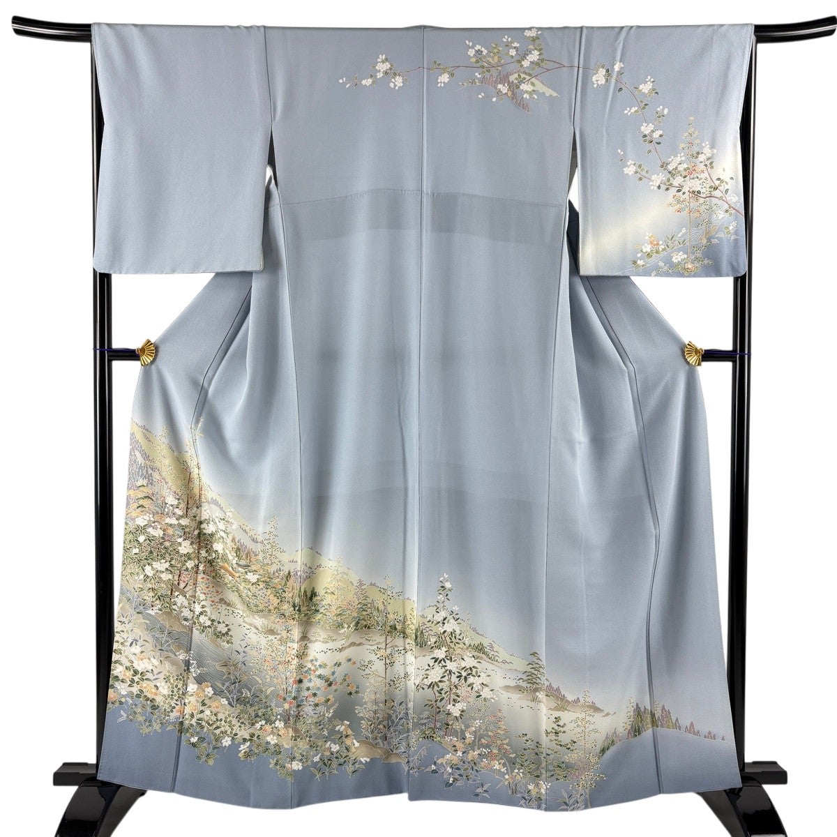 訪問着 身丈164cm 裄丈64cm M 袷 松 水辺の風景 金糸 金彩 青