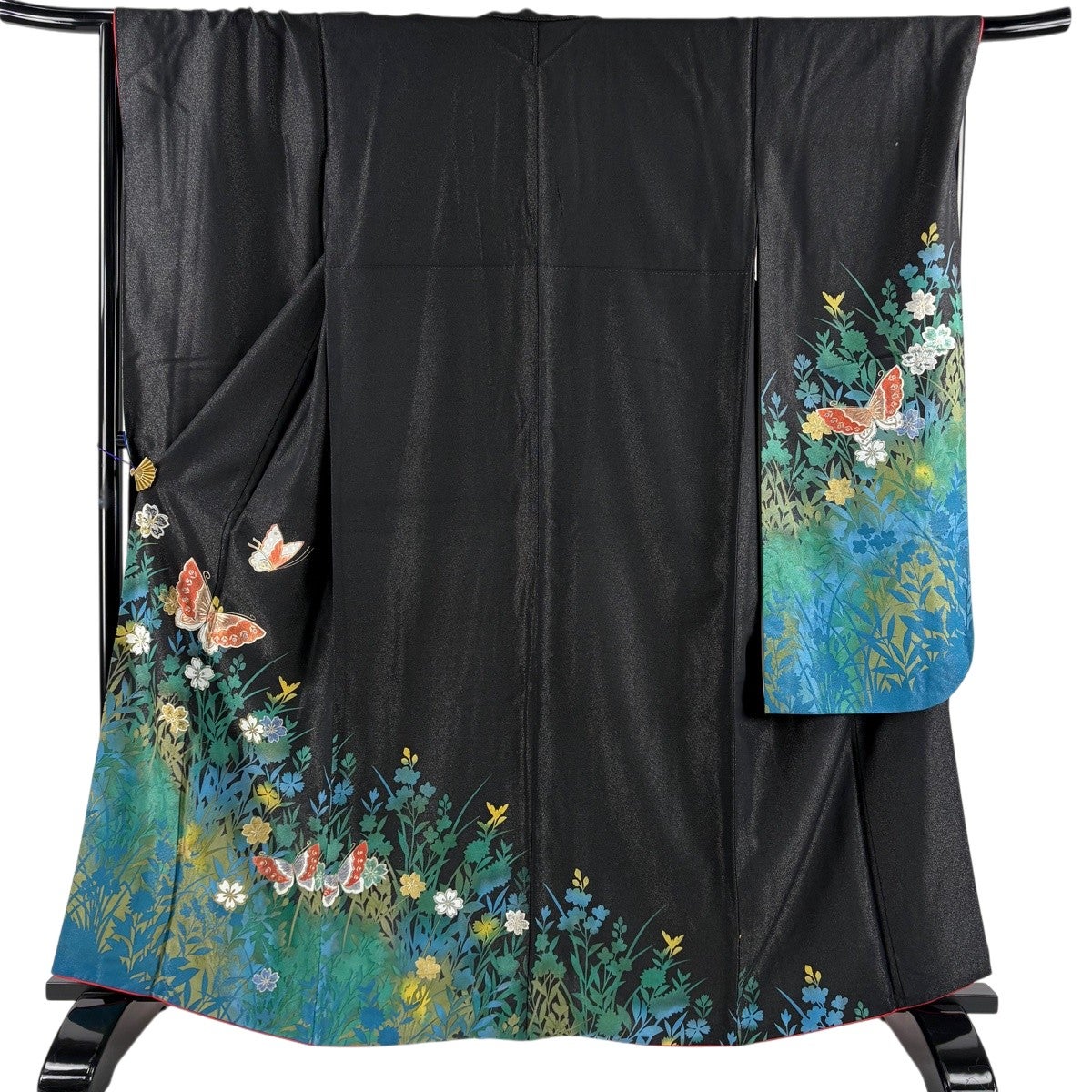 振袖 身丈164cm 裄丈68cm L 袷 蝶 桜 金通し 金銀彩 黒 正絹 名品