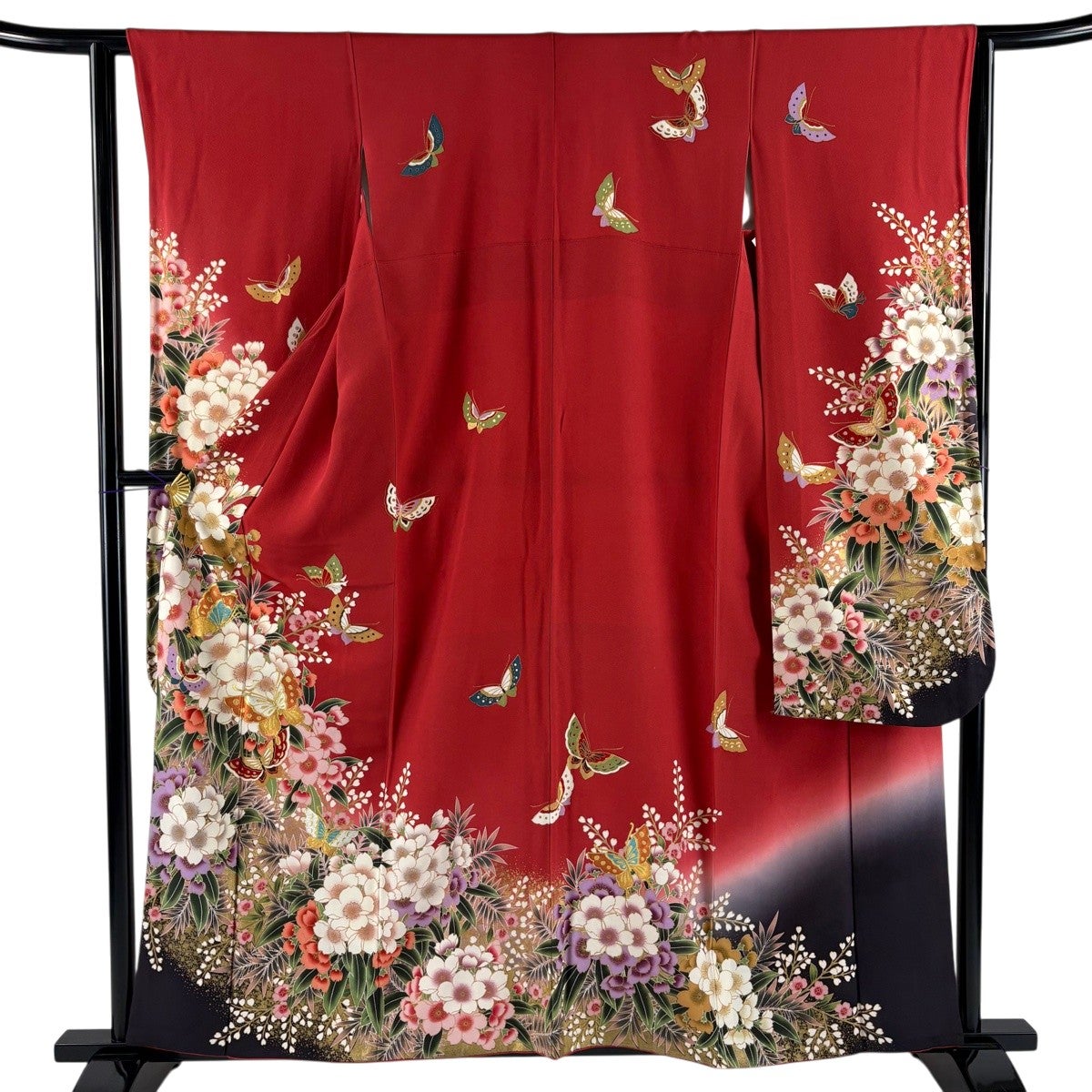 振袖 身丈156cm 裄丈62cm S 袷 源氏車 菊 絞り 朱色 正絹 秀品｜中古