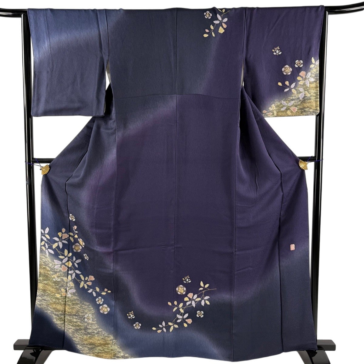 美品】 訪問着 身丈159cm 裄丈66cm M 袷 草花 霞 金彩 ぼかし 黒 正絹