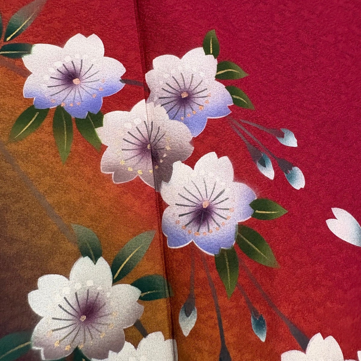 振袖 身丈161cm 裄丈61cm S 袷 桜 花びら 金彩 染め分け えんじ色 正絹
