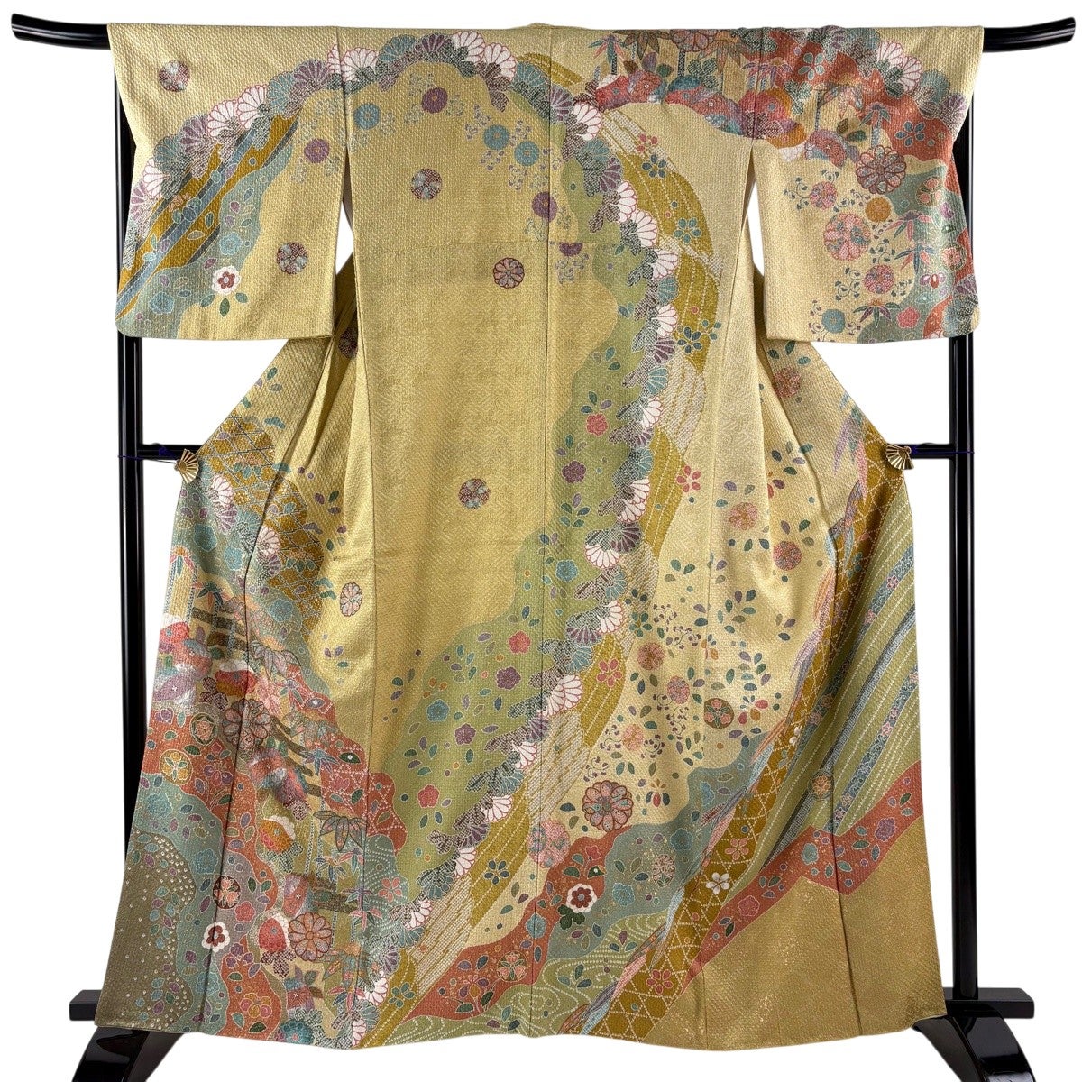 訪問着 身丈159.5cm 裄丈66cm M 袷 雪輪 草花 金彩 薄小豆 正絹 秀品